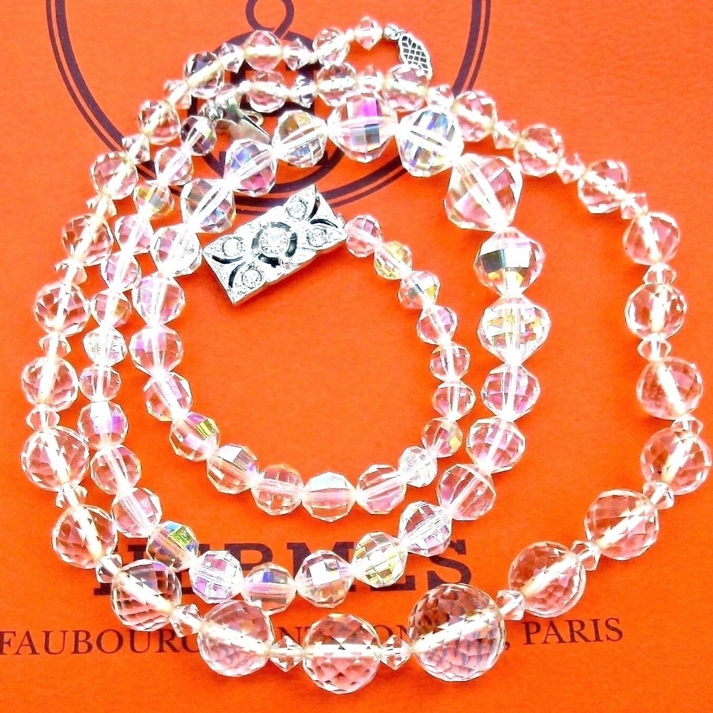 2 Vintage NECKLACES AB CRYSTAL Glass Faceted Bead Fancy Clasp MAISEL Hi End